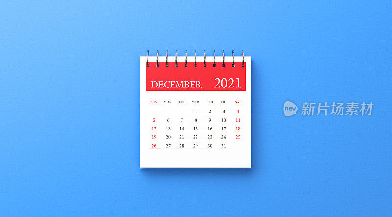 2021 Ring Binder 12月日历上的蓝色背景